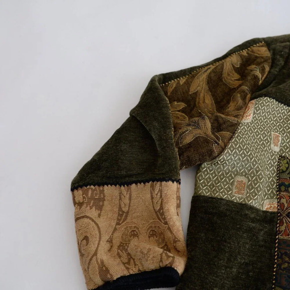 Vintage Allure Olive Green Brown Patchwork Tapestry Button Up Jacket M - Picture 9 of 11